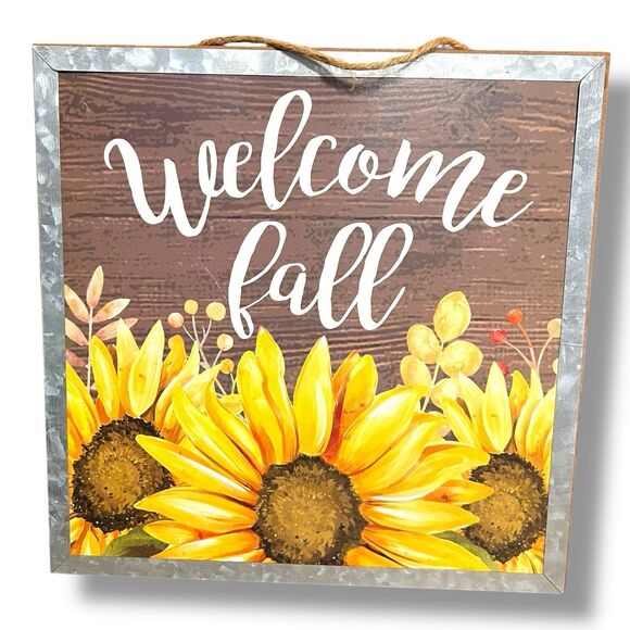 Welcome Fall Sunflower Hanging Sign 11x11 Galvanized Metal Trim Wood Sign Decor - Picture 8 of 9